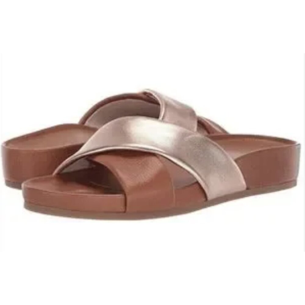 COLE HAAN Arielle Cross Over Slide Sandals in Gold Tan Leather Minimal Size 8.5